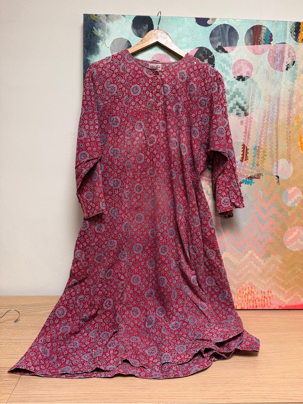 Vintage Indian Cotton Caftan Bohemian 70s Hippie Patterned XL